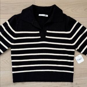 Altar'd State Black and Cream Striped V-Neck Collared Sweater